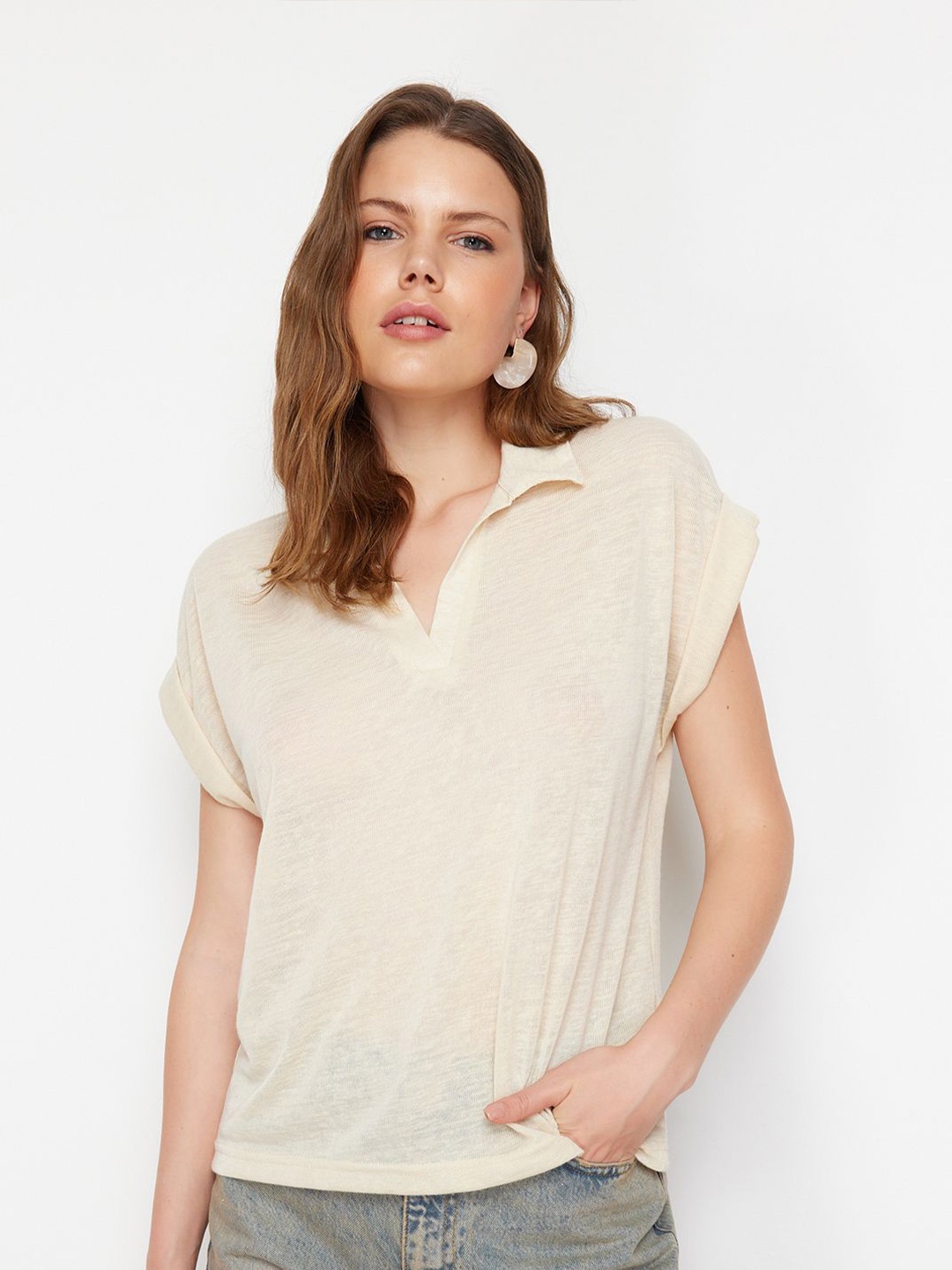 

Trendyol Polo Collar Extended Sleeves Regular T-shirt, Beige