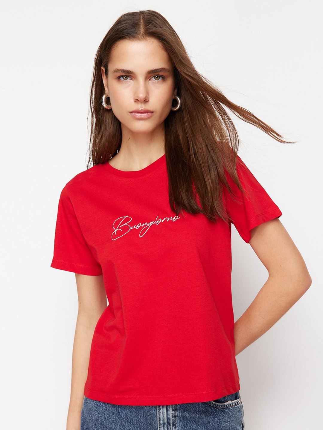 

Trendyol Typography Printed Cotton Regular T-shirt, Red