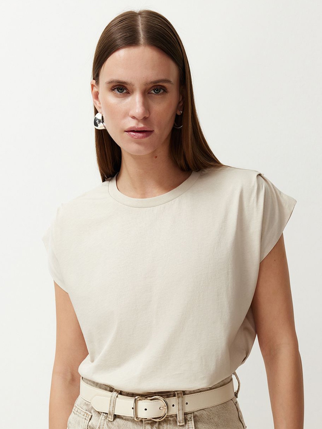 

Trendyol Round Neck Cotton Tshirt, Beige