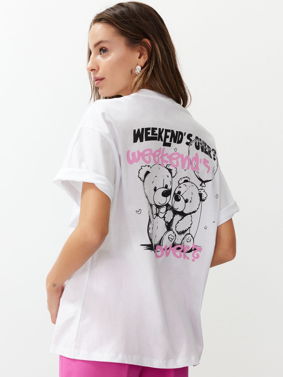 

Trendyol Typography Printed Drop-Shoulder Sleeves Pure Cotton Casual T-shirt, White