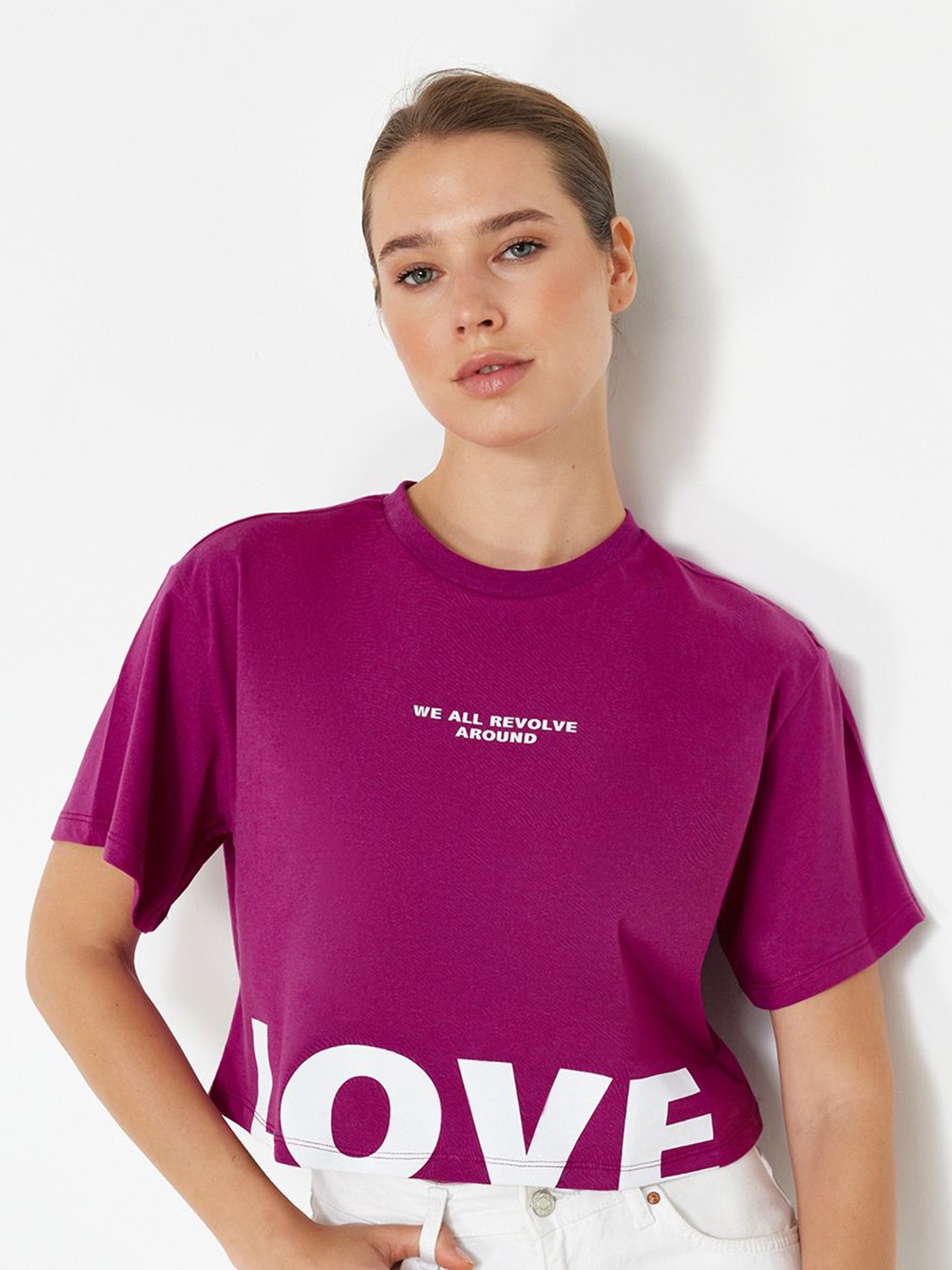 

Trendyol Typography Printed Pure Cotton T-shirt, Purple