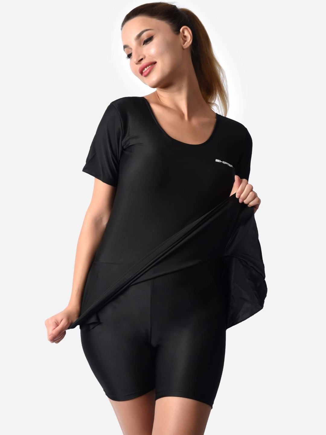 

Poftik Round Neck Short Sleeves Swimming Dress, Black