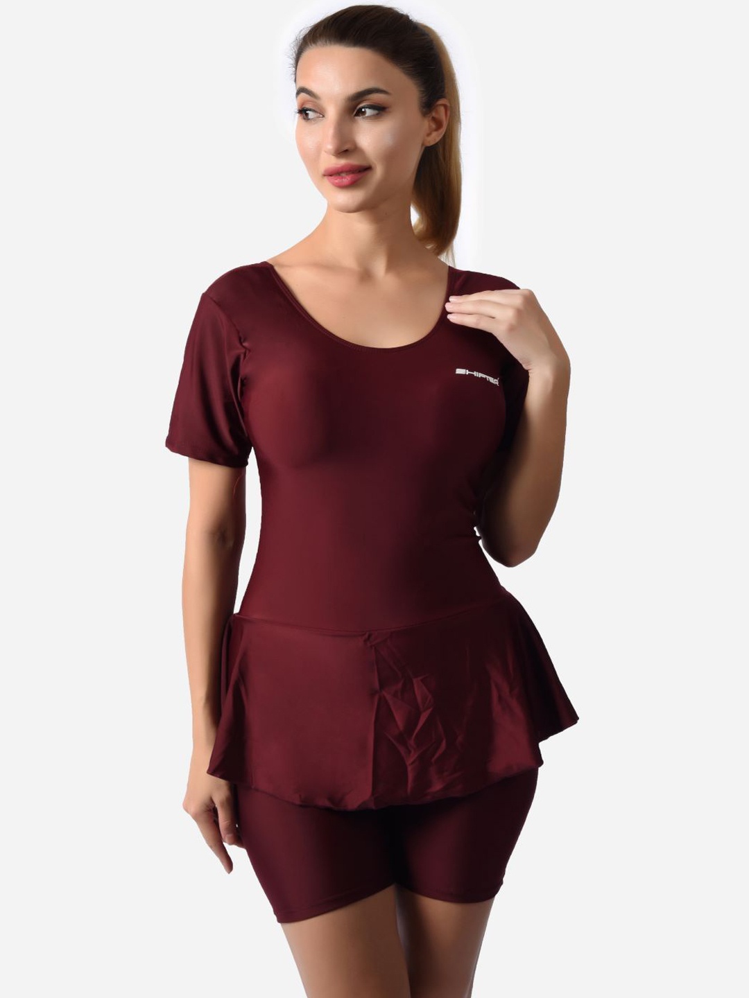 

Poftik Solid Round Neck Swimming Dress, Maroon