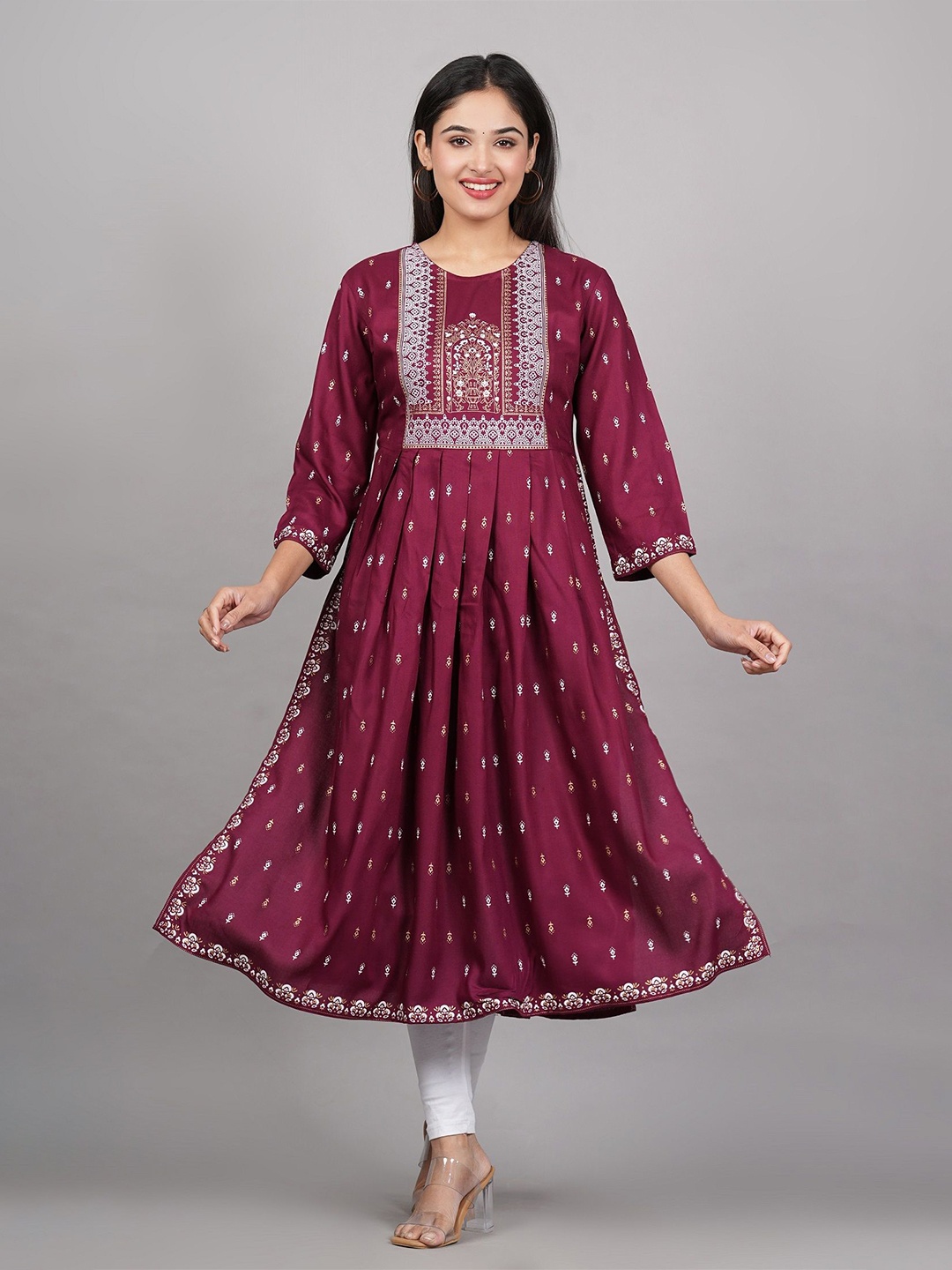 

MF Hayat Round Neck Floral Printed A-Line Kurta, Maroon