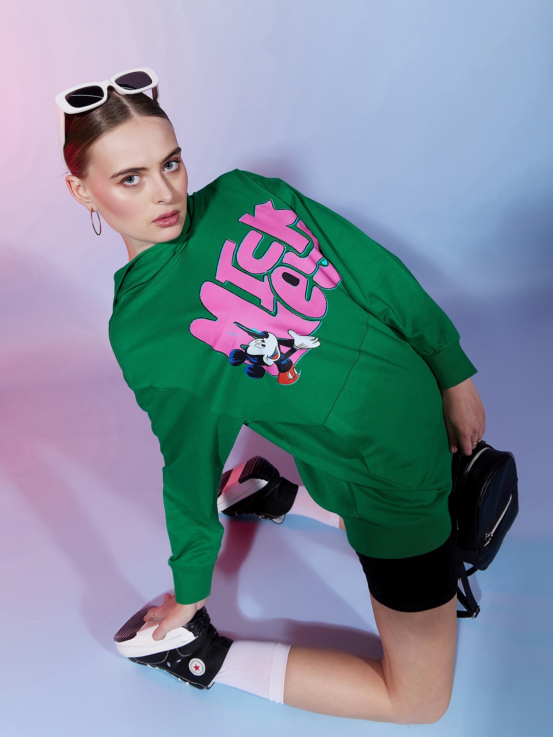 

Disney by DressBerry Green & Pink Mickey Mouse Printed Hooded Cotton Pullover Sweatshirt