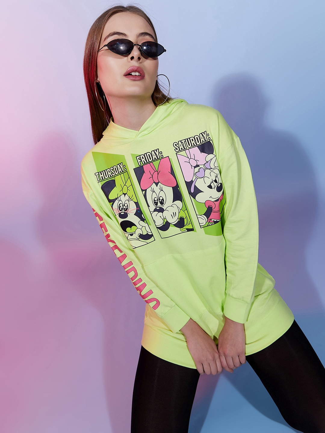 

Disney by DressBerry Minnie Mouse Printed Pullover Cotton Hooded Sweatshirt, Fluorescent green