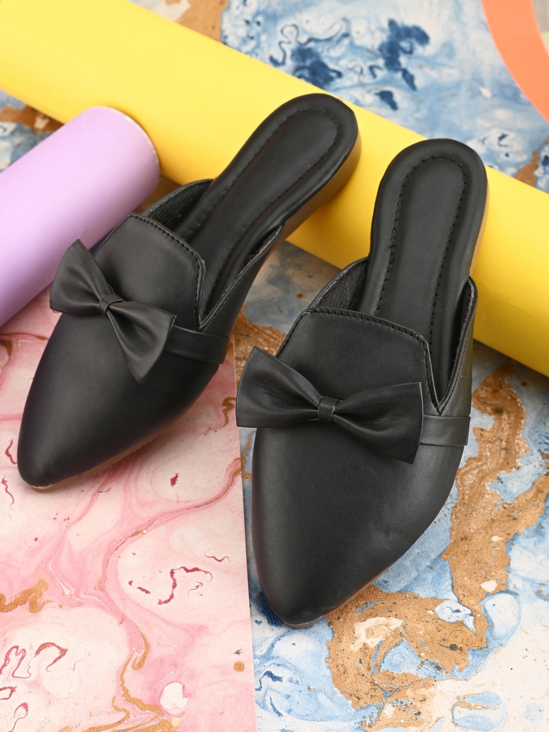 

Apratim Women Pointed Toe Bows Mules Flats, Black