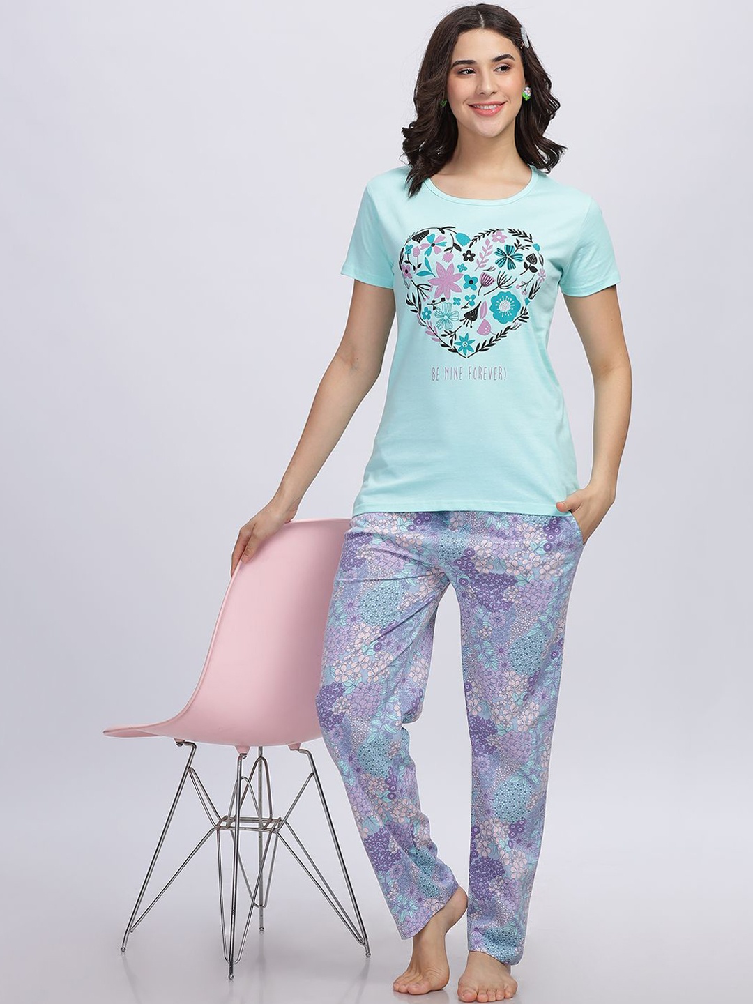 

Elzoh Floral Printed Cotton T-shirt With Pyjamas, Blue