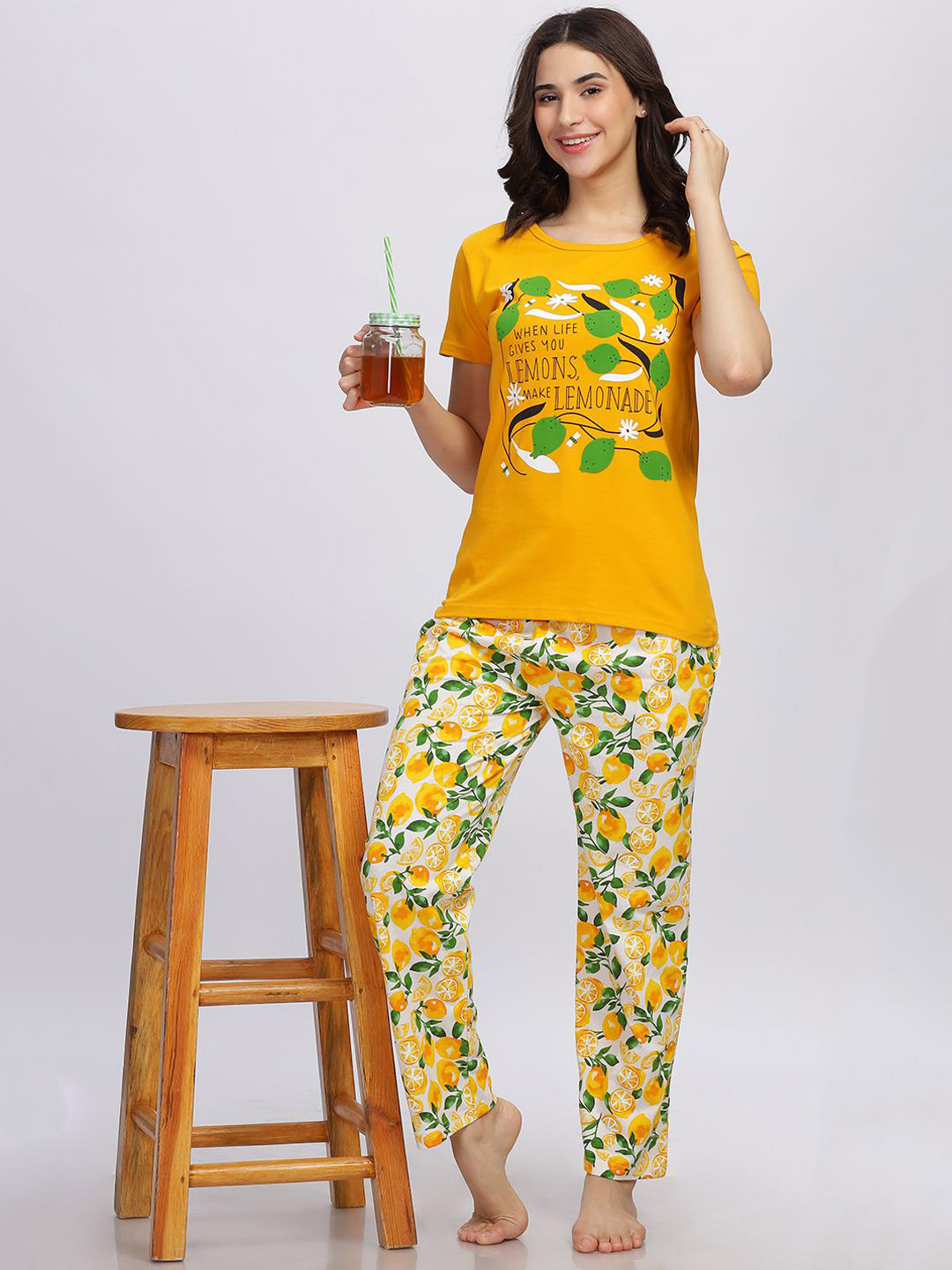 

Elzoh Floral Printed Cotton T-shirt With Pyjamas, Yellow