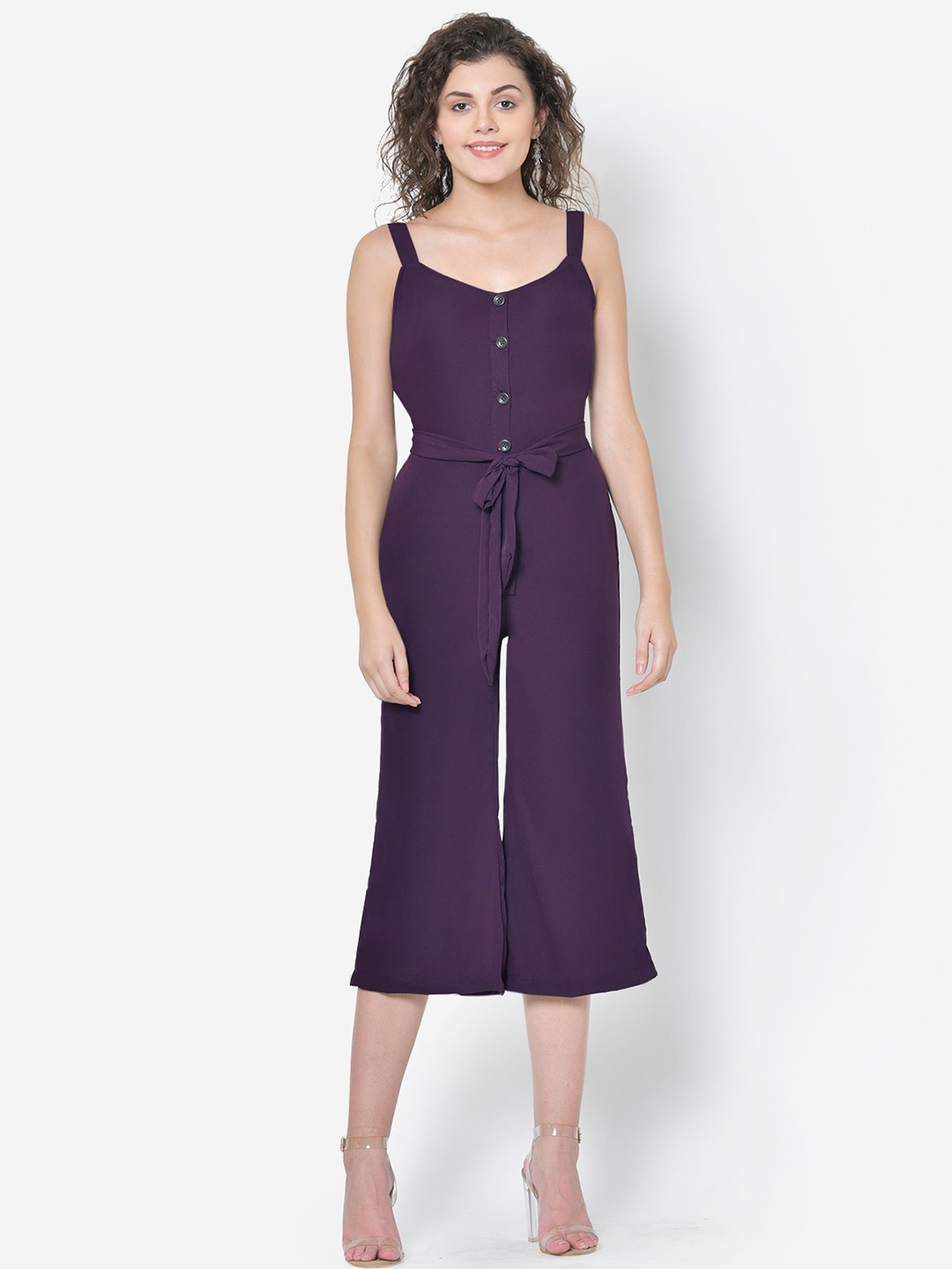 

Martini Shoulder Straps Waist Tie-Ups Capri Jumpsuit, Purple