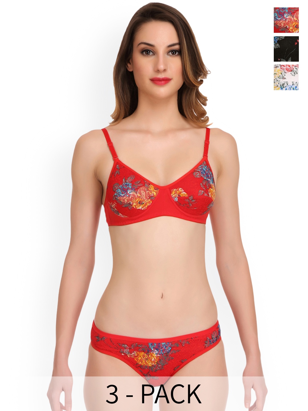 

Selfcare Pack of 3 Cotton Lightly Padded Bra And Panty Lingerie Set - SN0915, Red