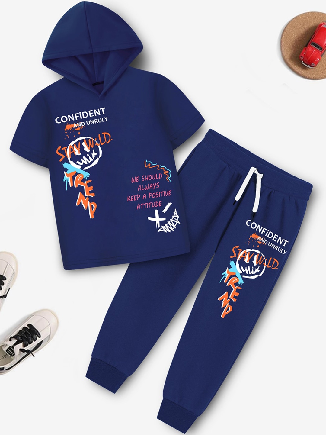 

Trampoline Kids Hooded Printed T-shirt with Trousers, Blue