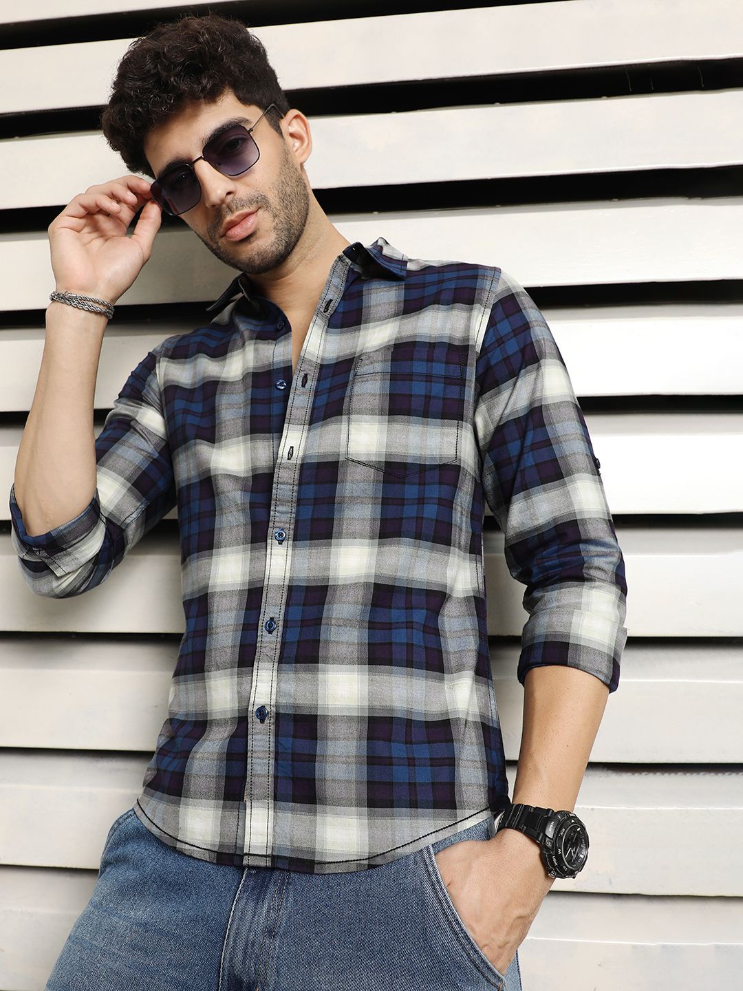 

High Star Men Regular fit Opaque Checked Casual Shirt, Navy blue