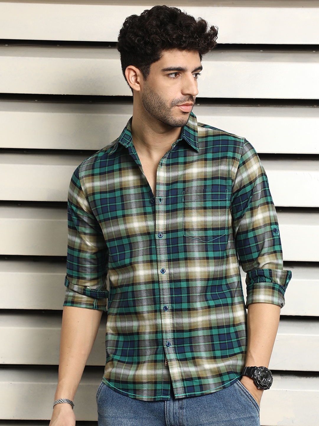 

High Star Regular Fit Spread Collar Checked Cotton Casual Shirt, Blue