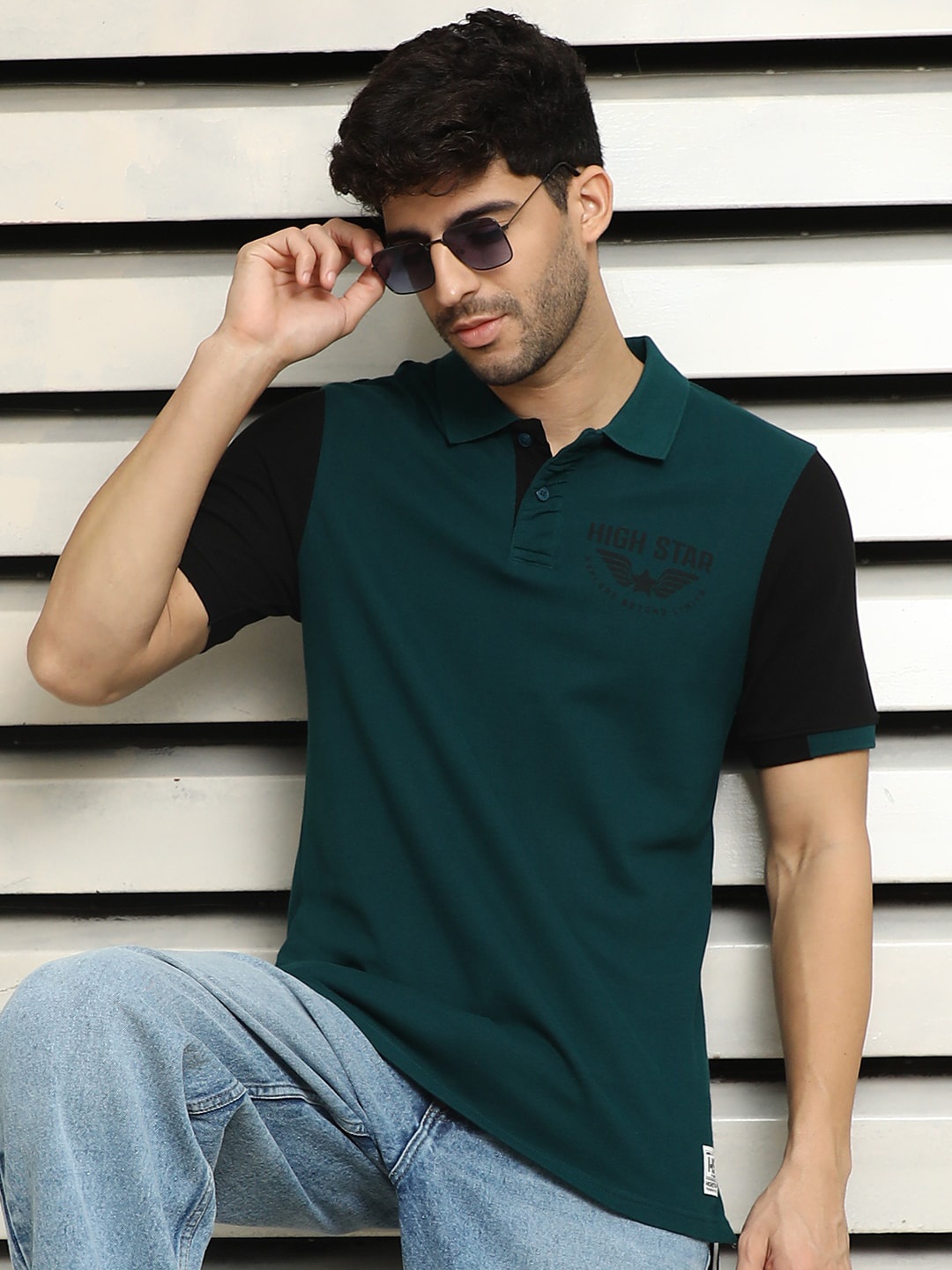 

High Star Men Polo Collar Typographic Colourblocked Cotton T-shirt, Teal