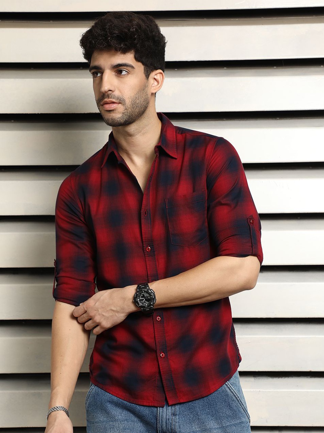 

High Star Men Regular Fit Opaque Checked Casual Shirt, Red