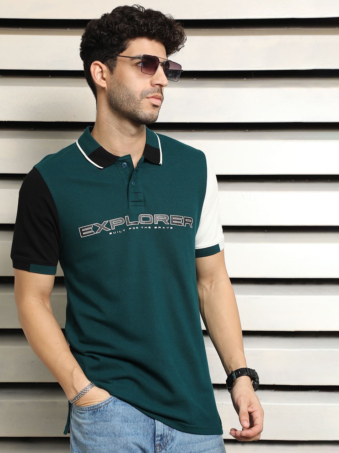 

High Star Pure Cotton Polo Collar Typography Printed T-shirt, Teal