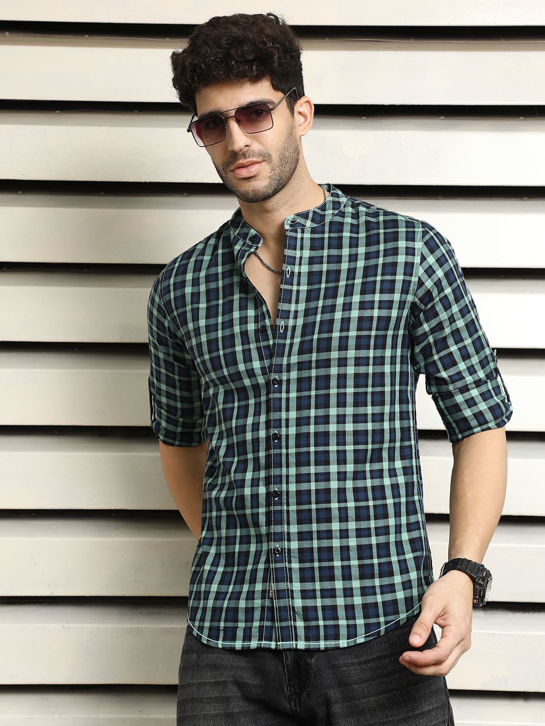 

High Star Men Mandarin Collar Checked Casual Shirt, Green