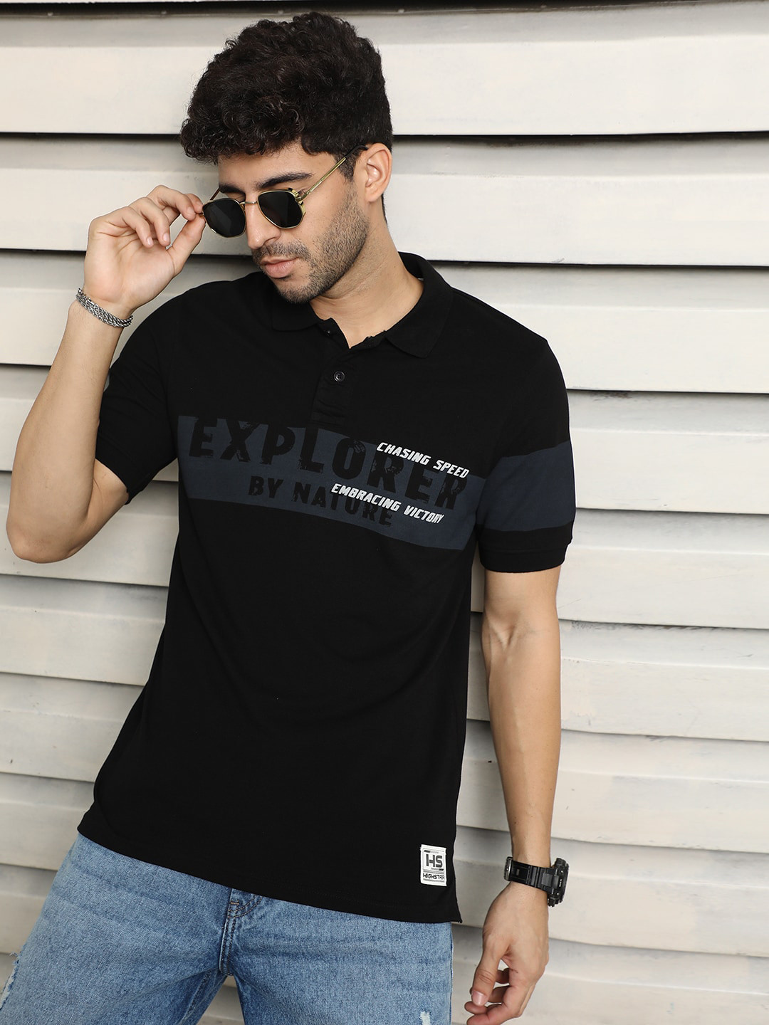 

High Star Men Colorblocked Polo Typo Print T-shirt, Black