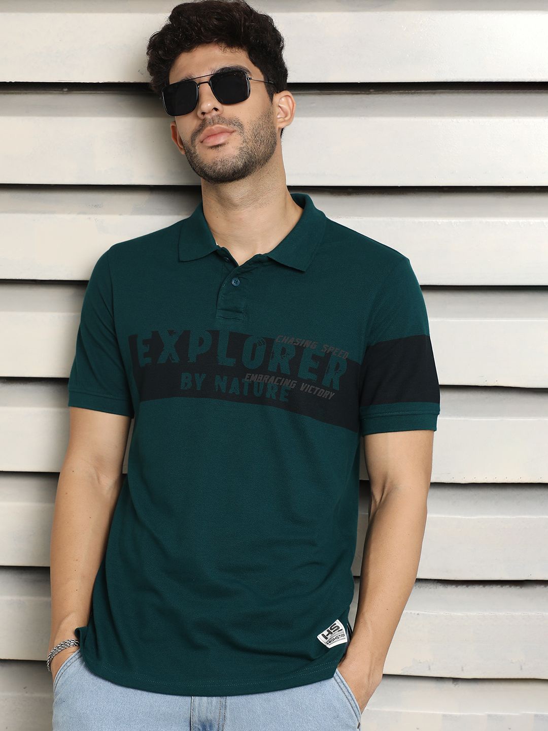 

High Star Men Polo Collar Typographic color blocked cotton T-shirt, Teal
