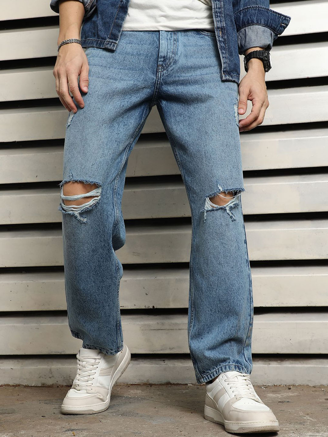 

High Star Men Relaxed Fit Light Fade Cotton Distress Jeans, Blue