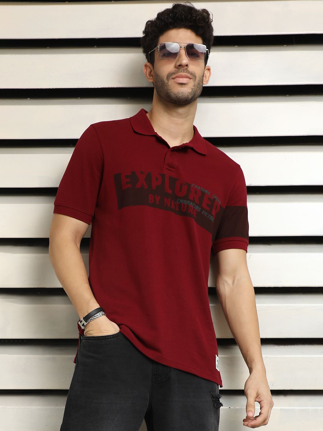 

High Star Men Polo Collar Typographic color blocked cotton T-shirt, Maroon