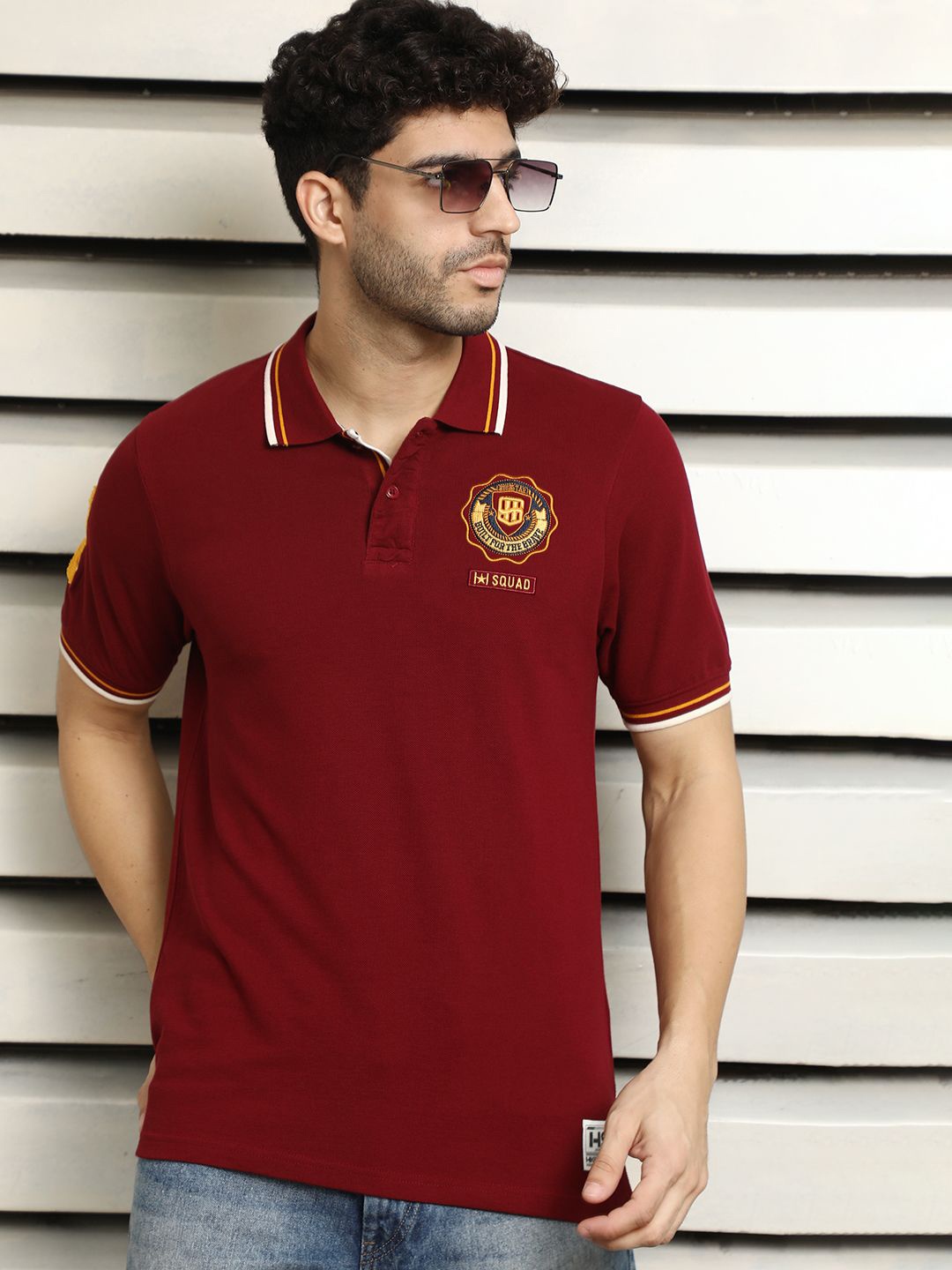 

High Star Pure Cotton Applique Polo Collar Short Sleeves Regular T-shirt, Maroon