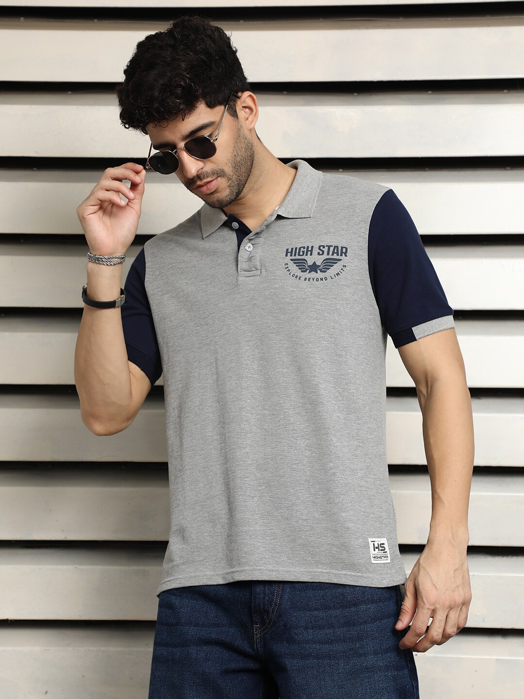 

High Star Applique Polo Collar Short Sleeves Cotton Regular T-shirt, Grey