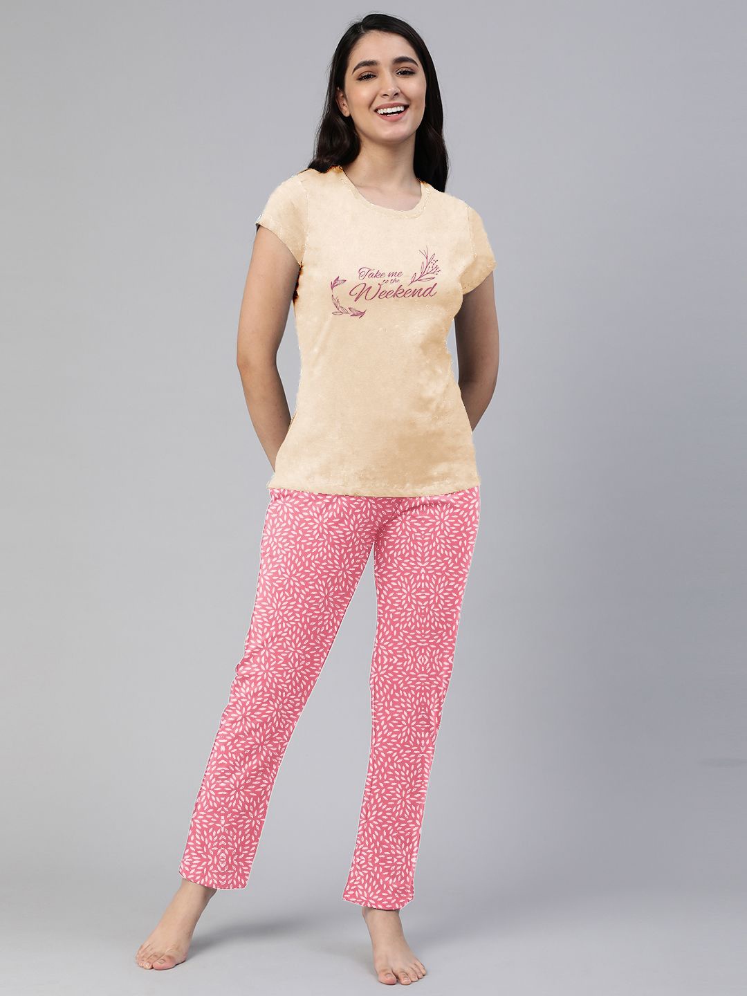 

LYRA Typography Printed Pure Cotton T-shirt With Pyjamas, Beige
