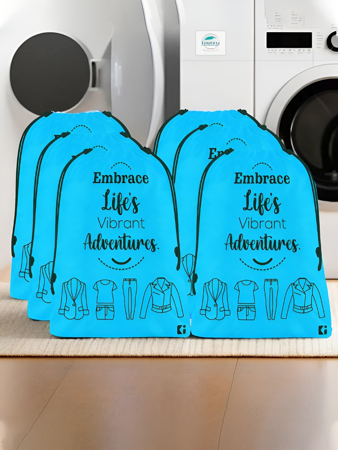 

Kuber Industries Blue & Black 6 Pieces Typography Printed Storage Bag Organisers