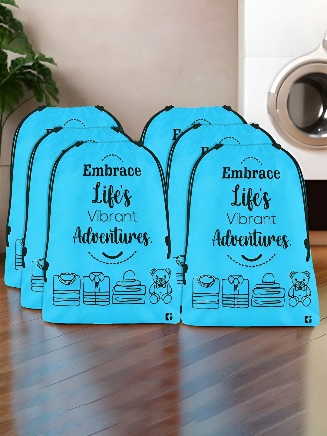 

Kuber Industries Blue & Black 6 Pieces Typography Printed Storage Bag Organisers