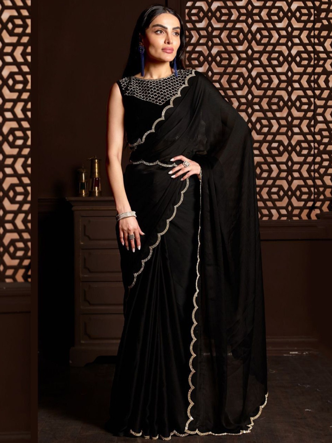 

RASVRITI Beads and Stones Satin Saree, Black