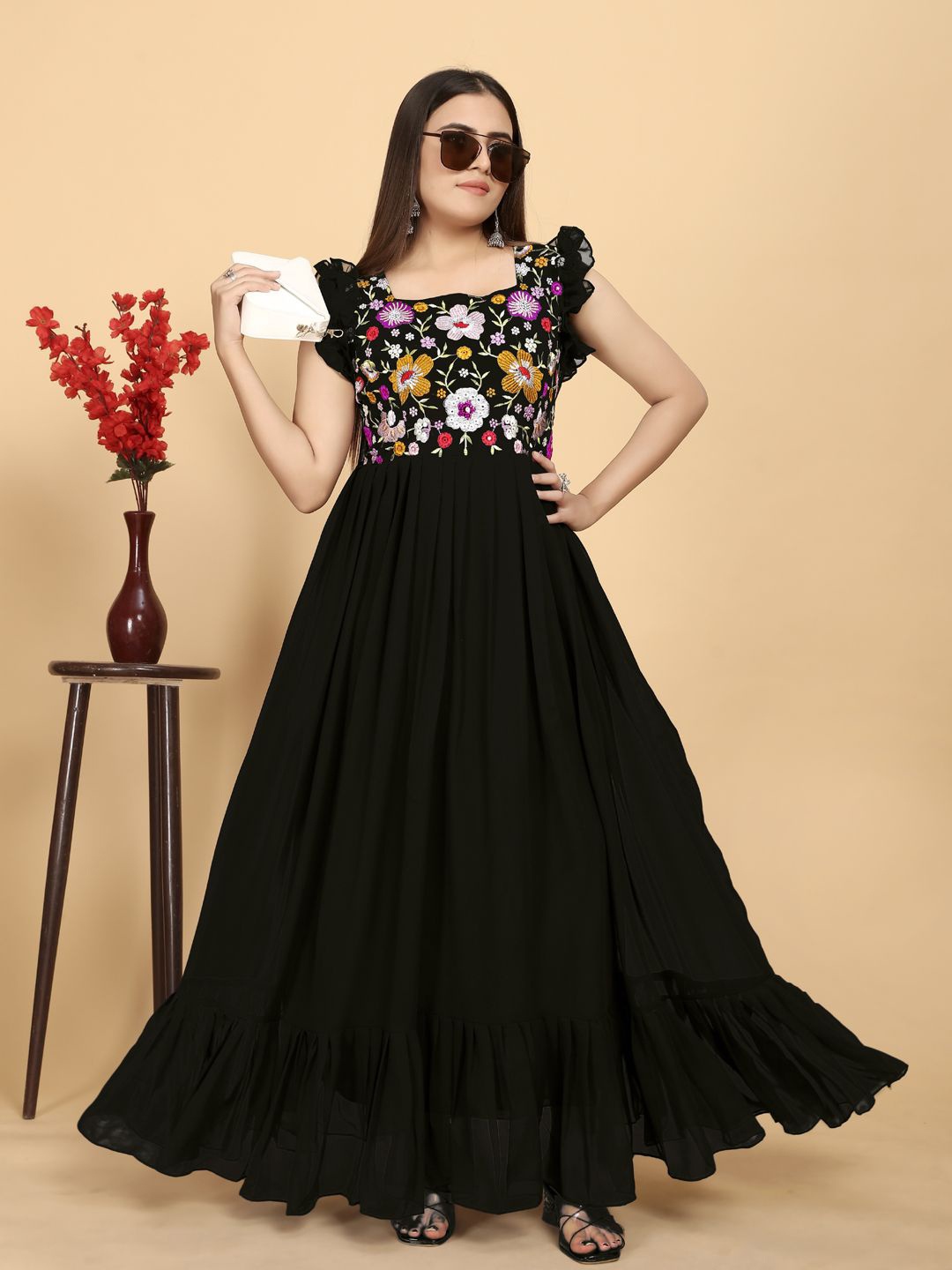 

AKSHARAM Floral Print Square Neck Flutter Sleeve Georgette Maxi Dress, Black