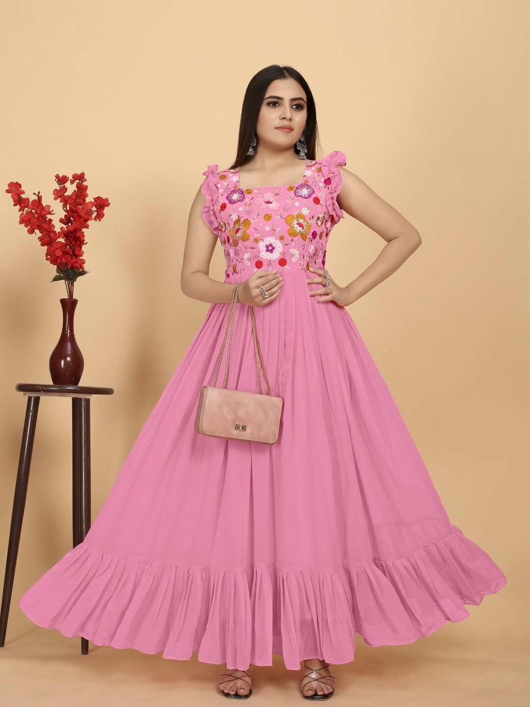 

AKSHARAM Floral Print Georgette Maxi Dress, Peach