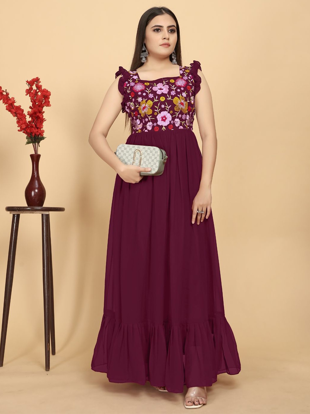 

AKSHARAM Floral Print Georgette Maxi Dress, Maroon
