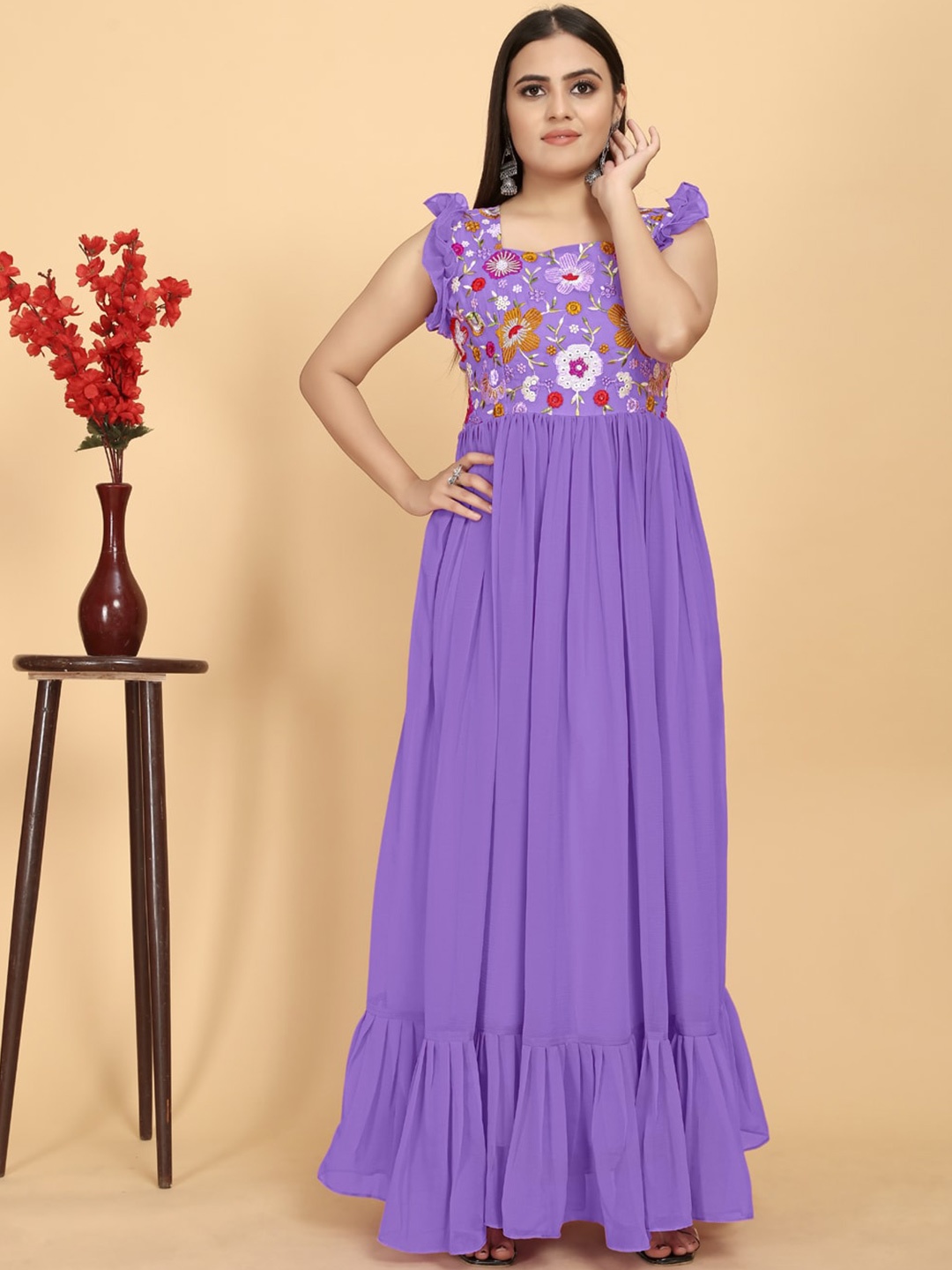 

AKSHARAM Floral Print Square Neck Flutter Sleeve Georgette Maxi Dress, Lavender