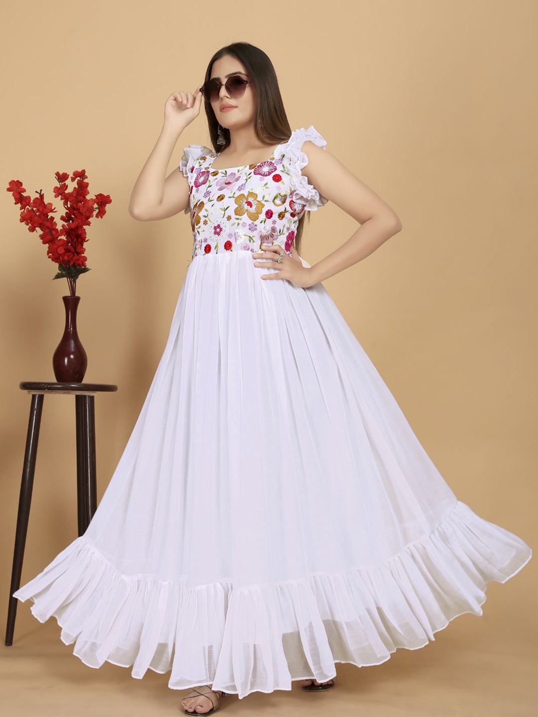

AKSHARAM Floral Print Georgette Maxi Dress, White