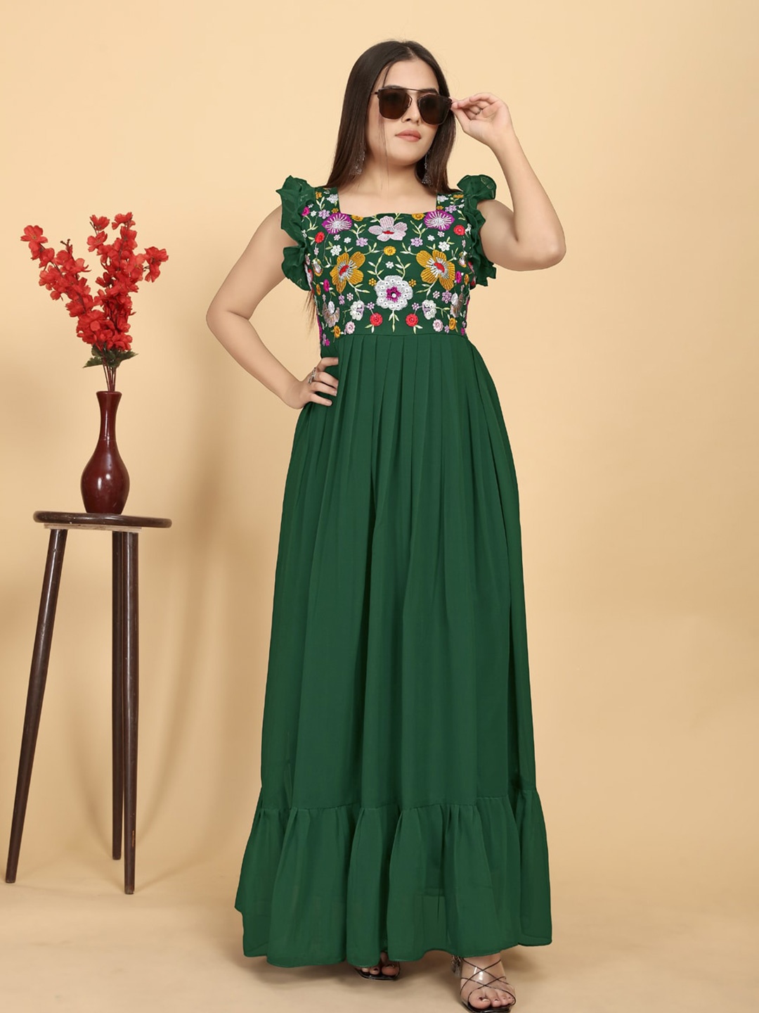 

AKSHARAM Floral Embroidered Square Neck Gathered Georgette Maxi Dress, Green
