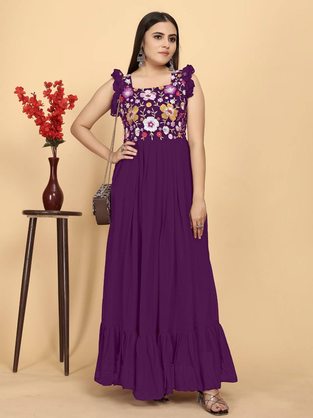 

AKSHARAM Floral Print Georgette Maxi Dress, Purple