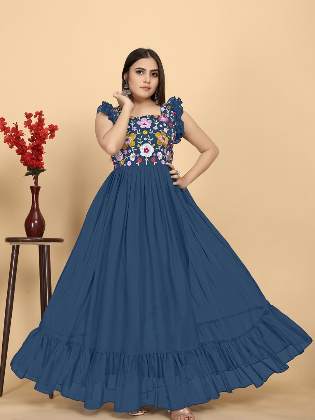 

AKSHARAM Floral Embroidered Square Neck Gathered Georgette Maxi Dress, Teal
