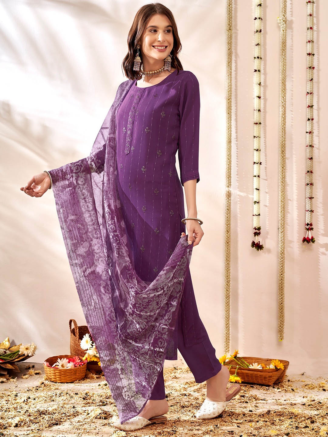

Anouk Ethnic Motifs Embroidered Sequinned Straight Kurta With Trousers & Dupatta, Purple