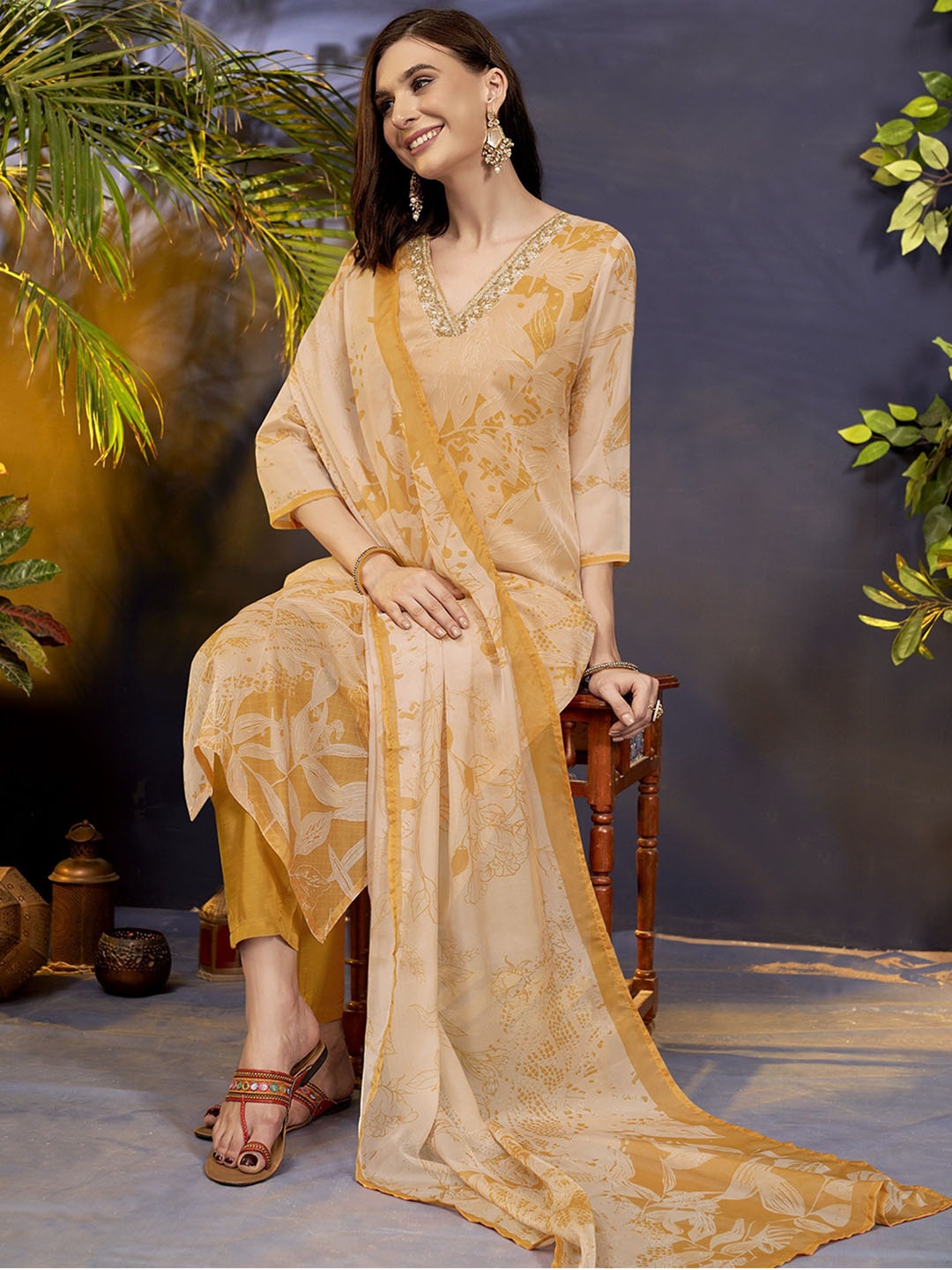 

Anouk Yellow Floral Printed Zari Organza Straight Kurta With Trousers & Dupatta
