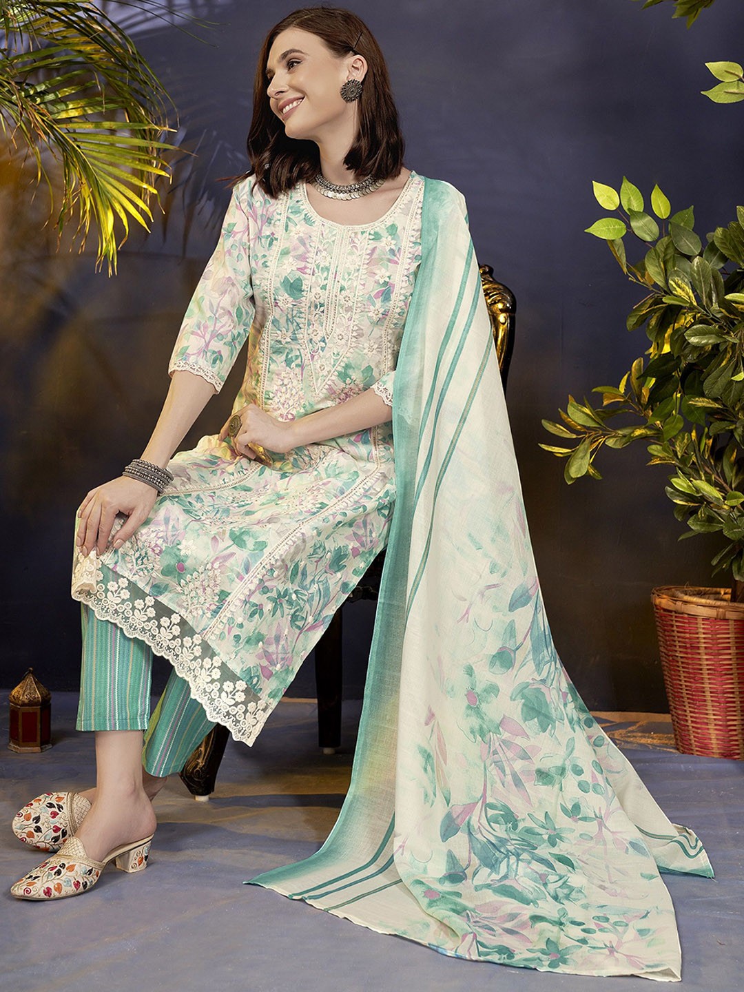 

Anouk Floral Printed Regular Embroidered Kurta With Trousers & Dupatta, Blue