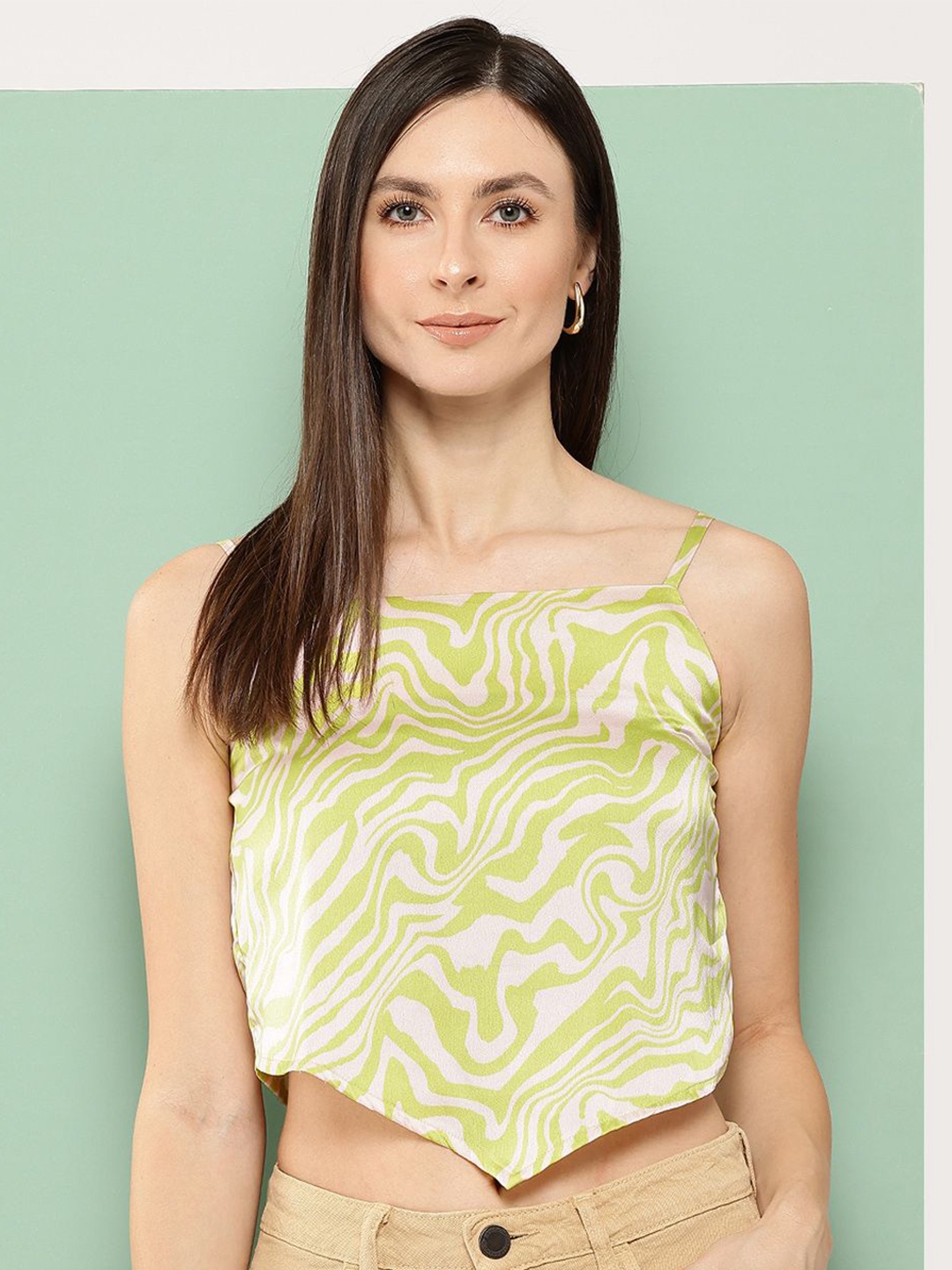 

Mast & Harbour Scarf Print Satin Crop Top, Green