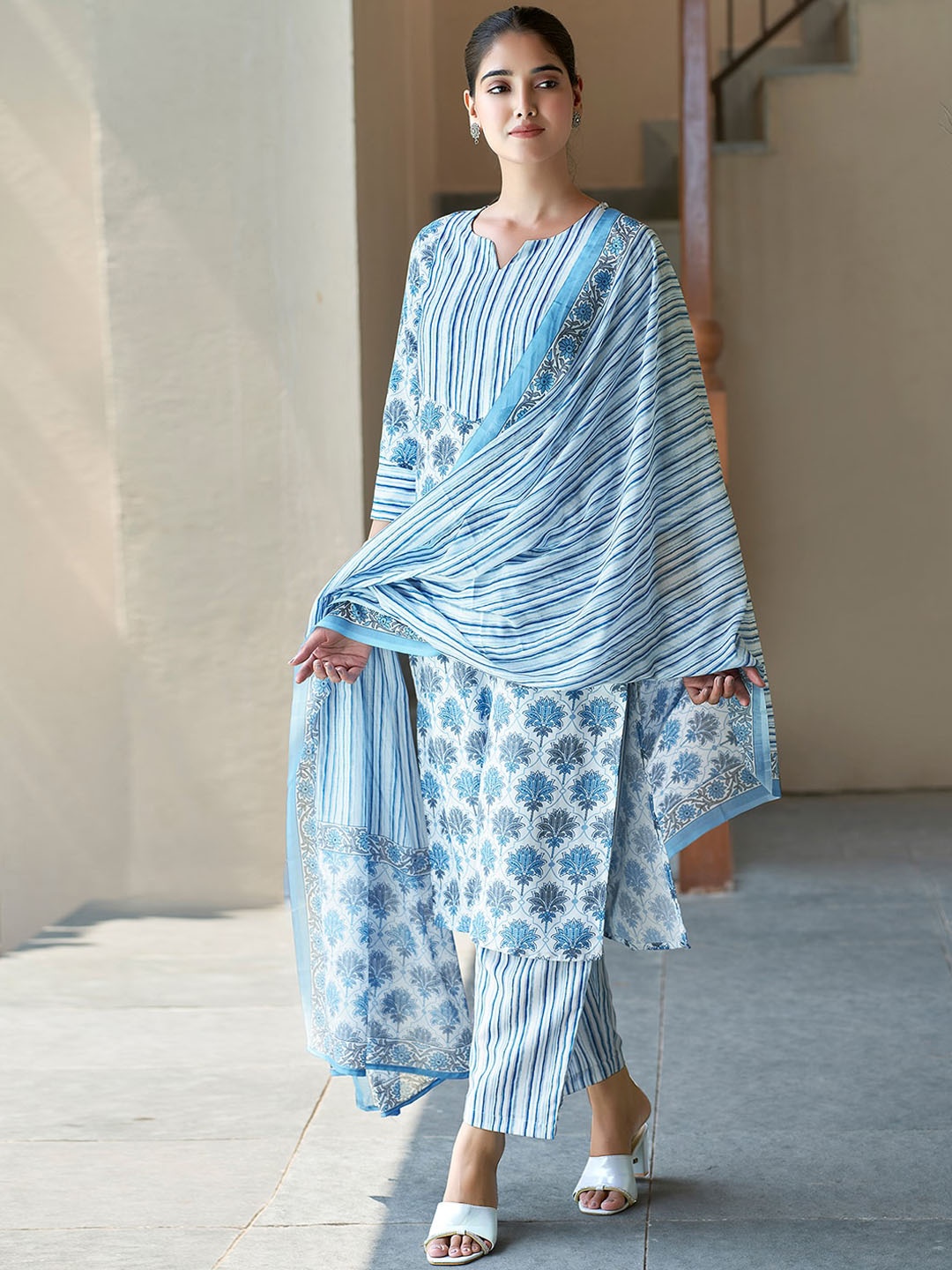 

KALINI Floral Printed V-Neck Straight Kurta With Trousers & Dupatta, White