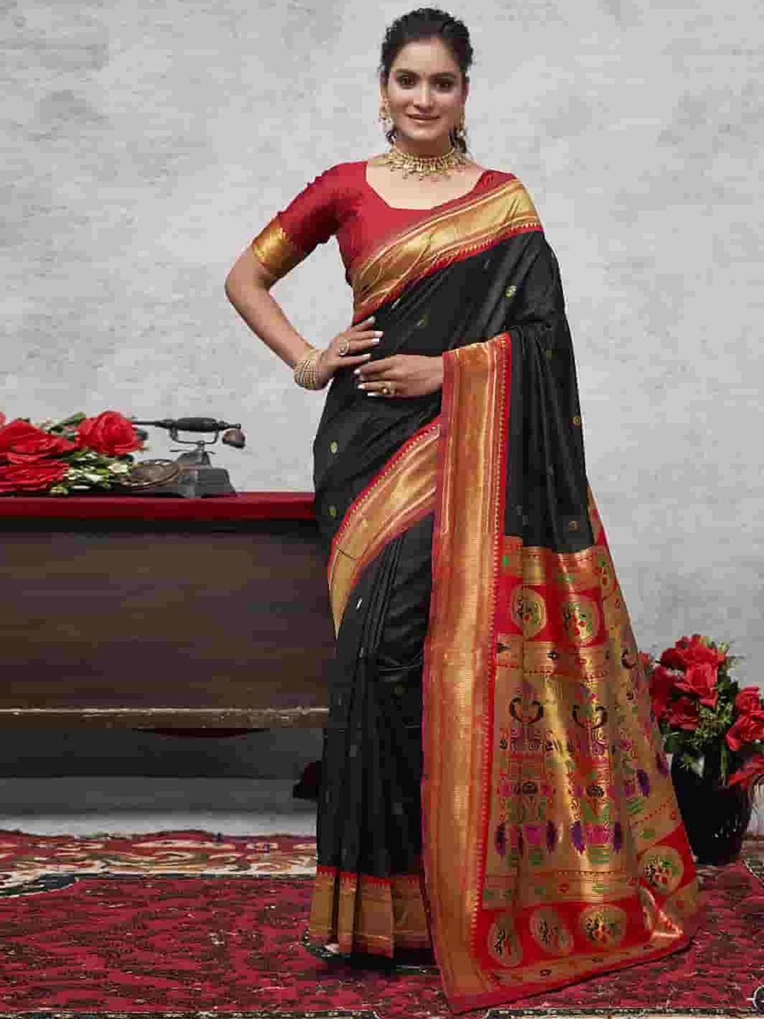 

Satrani Woven Design Zari Paithani Saree, Black