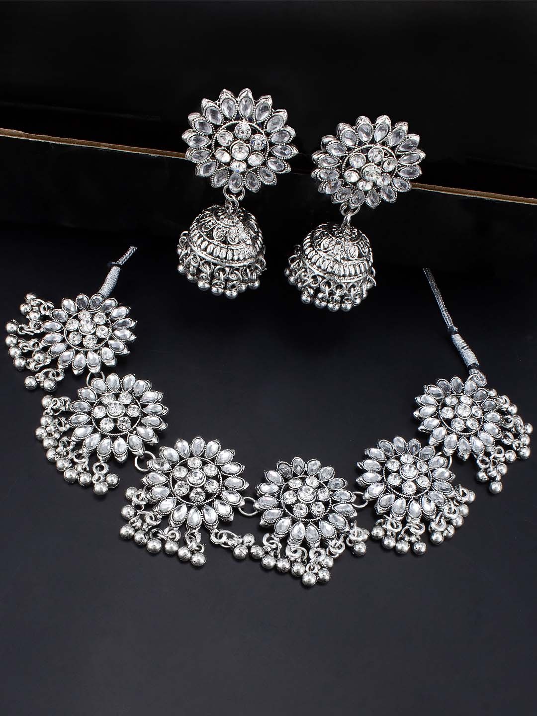 

PRIVIU Silver Plated Stones Studded & Beaded Oxidised Jewellery Set