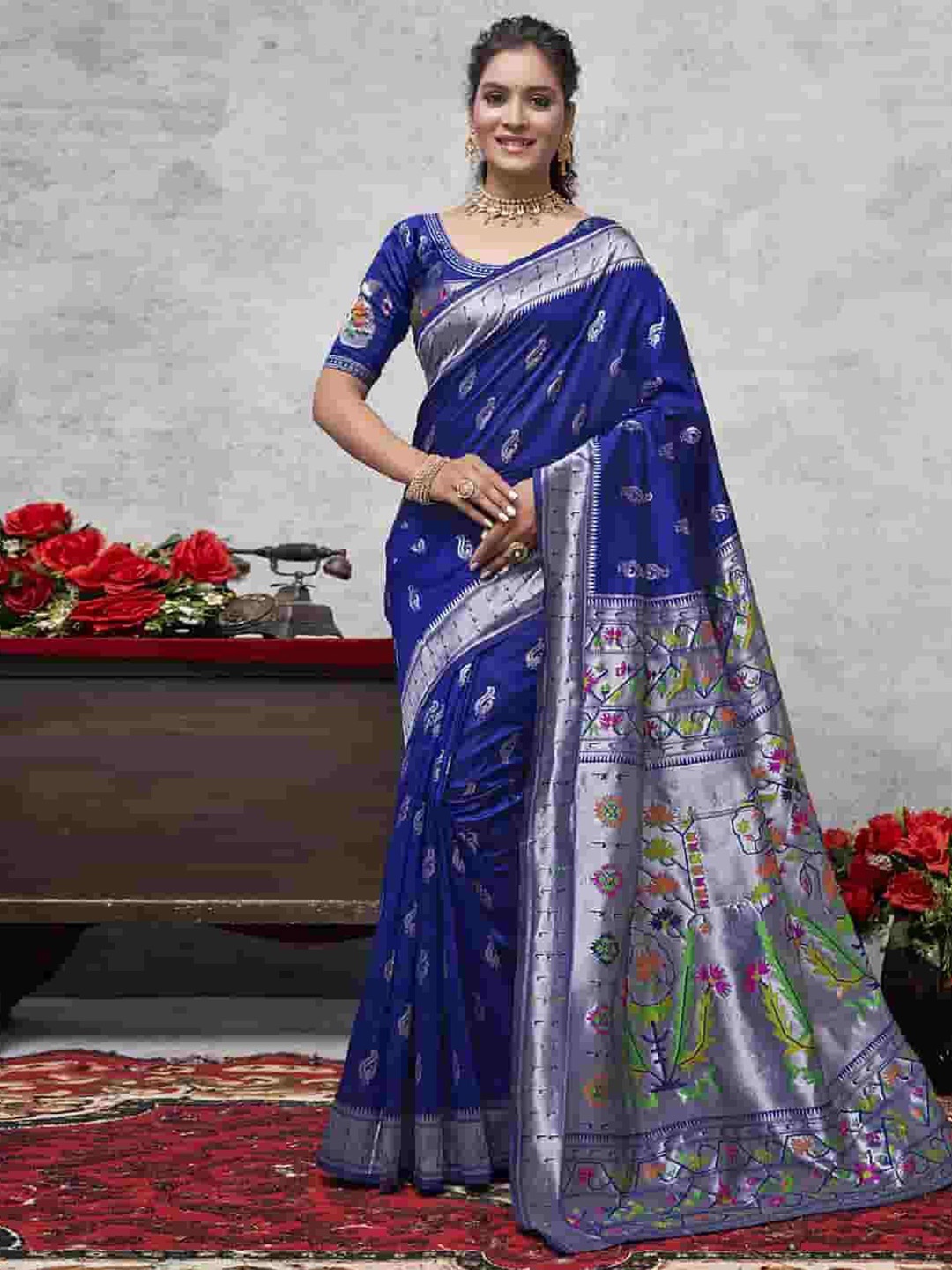 

Satrani Woven Design Zari Paithani Saree, Navy blue