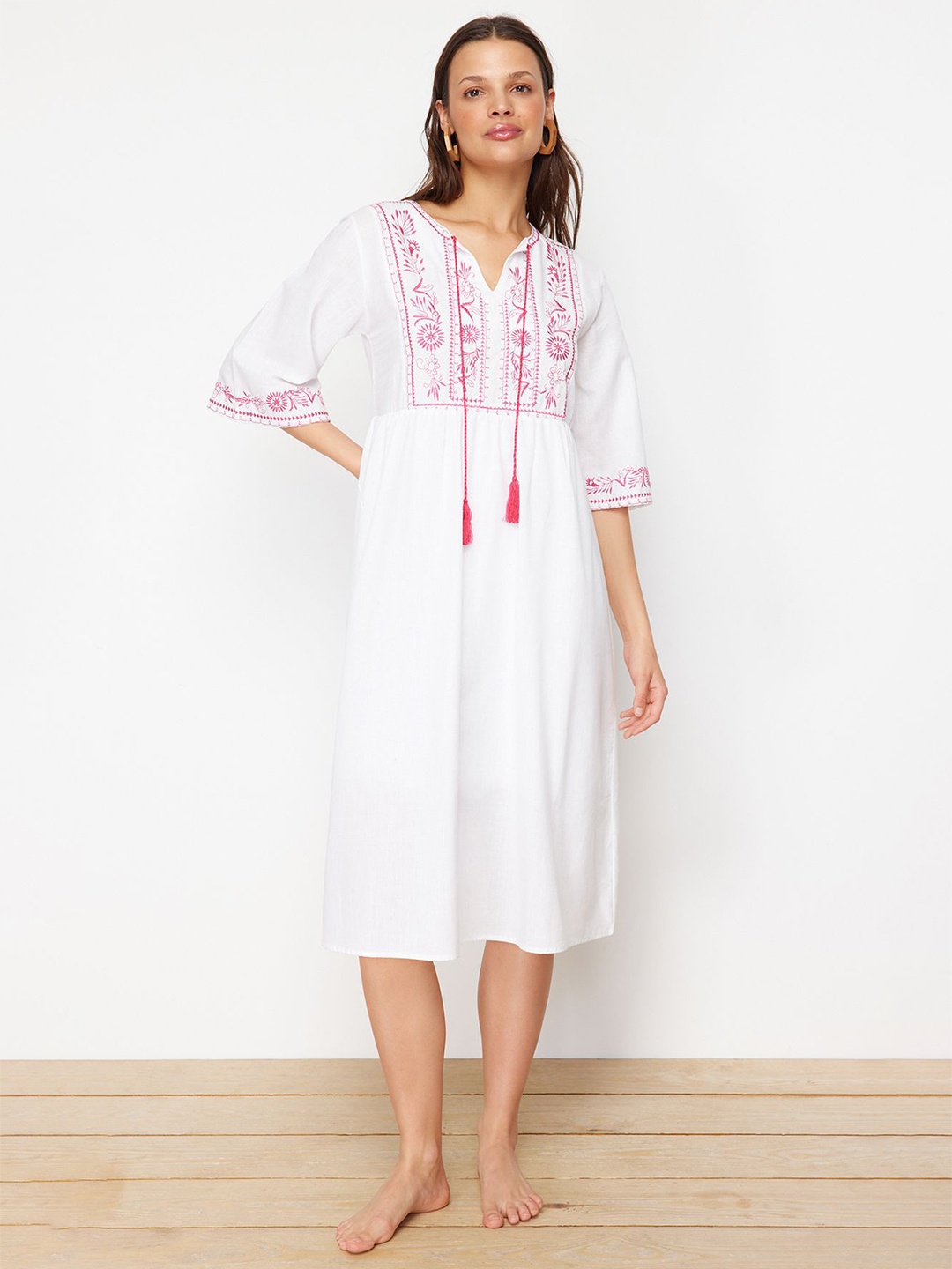 

Trendyol Floral Embroidered Tie-Up Neck A-Line Midi Dress, White