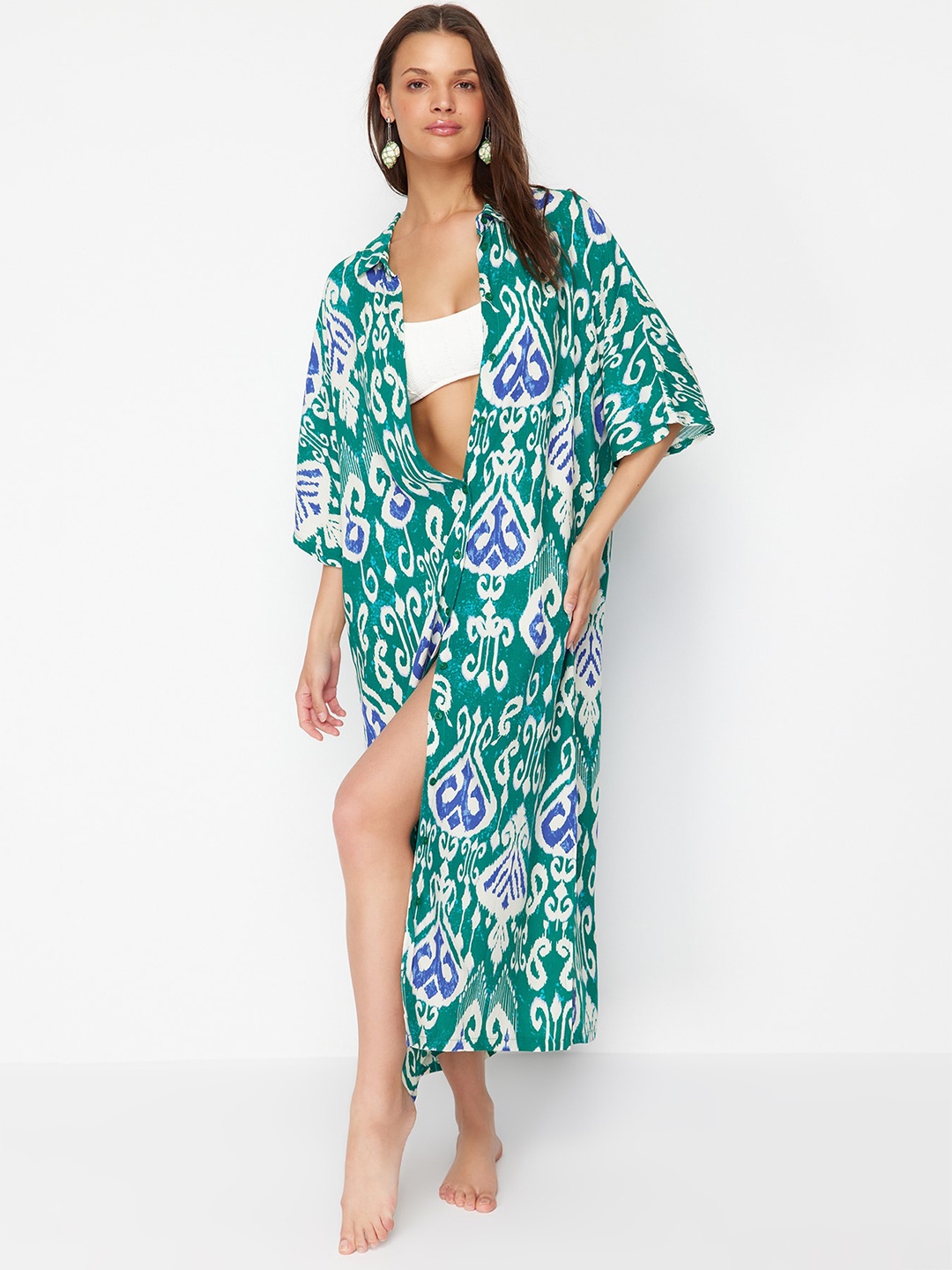 

Trendyol Floral Printed Puff Sleeve Kaftan Midi Dress, Green